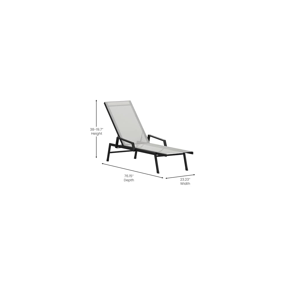 Flash Furniture Brazos Adjustable Chaise Lounge Chair with Arms, All-Weather Outdoor Five-Position Recliner, Black/Gray