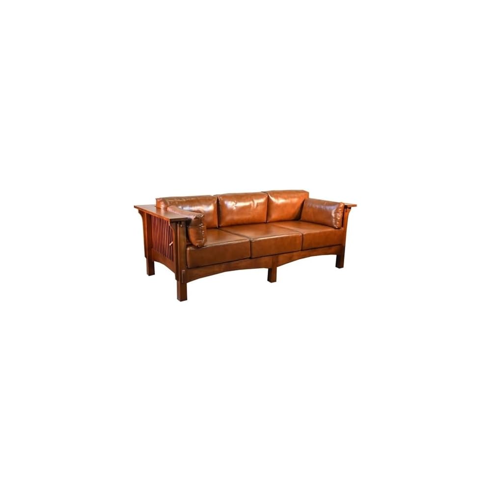 Pemberly Row Modern Leather Sofa, 84" Wide, Solid Quarter-Sawn White Oak, Russet Brown Finish, Contemporary Style, Soft Back Cushions, Firm Seat Cushions, Living Room Seating