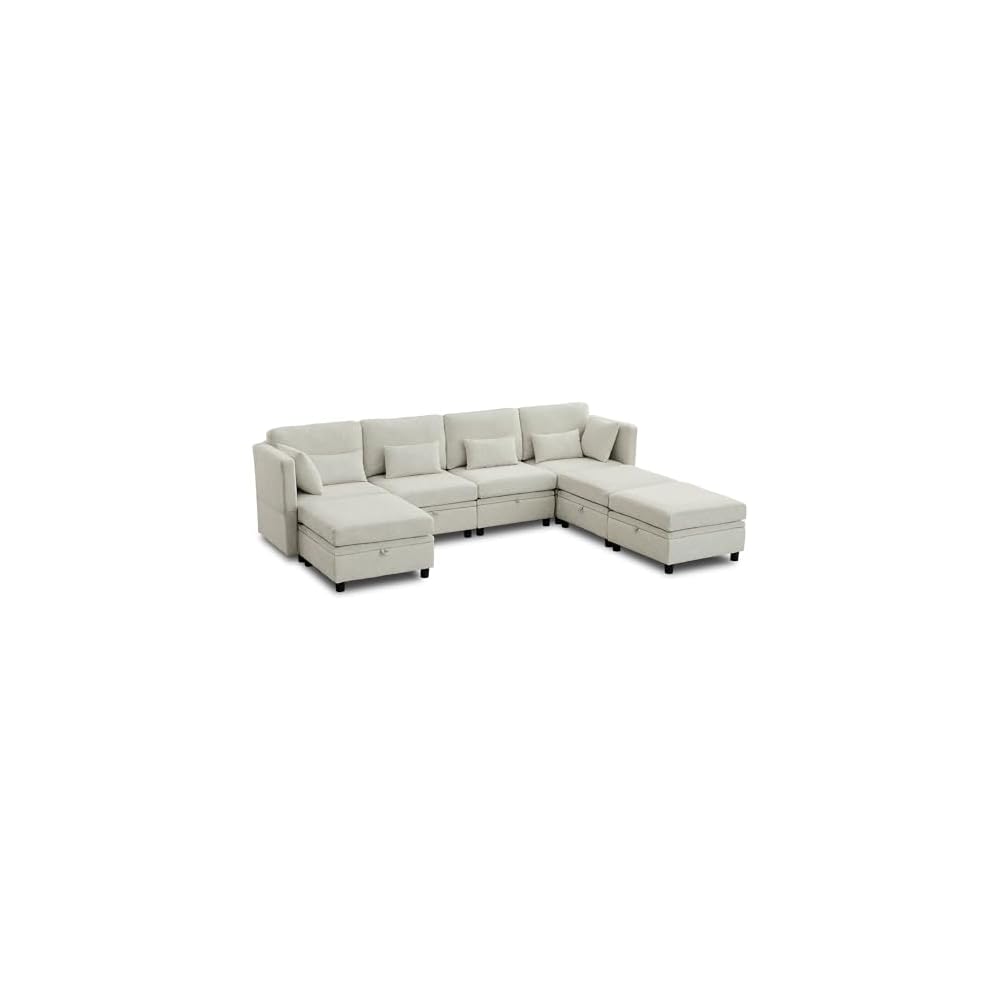 Korser 112" Modular Sectional Sofa with Storage, U Shaped Sectional Sofa for Living Room, Convertible Cloud Sectional Couch with Chaise, 7 Seat Couch with Cushions, Adjustable Backrest Design, Beige
