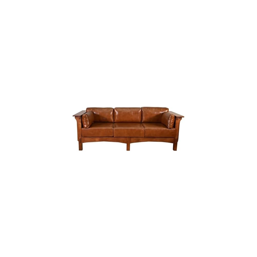 Pemberly Row Modern Leather Sofa, 84" Wide, Solid Quarter-Sawn White Oak, Russet Brown Finish, Contemporary Style, Soft Back Cushions, Firm Seat Cushions, Living Room Seating