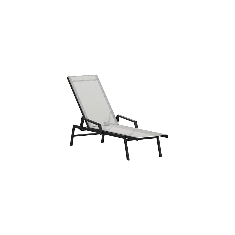 Flash Furniture Brazos Adjustable Chaise Lounge Chair with Arms, All-Weather Outdoor Five-Position Recliner, Black/Gray