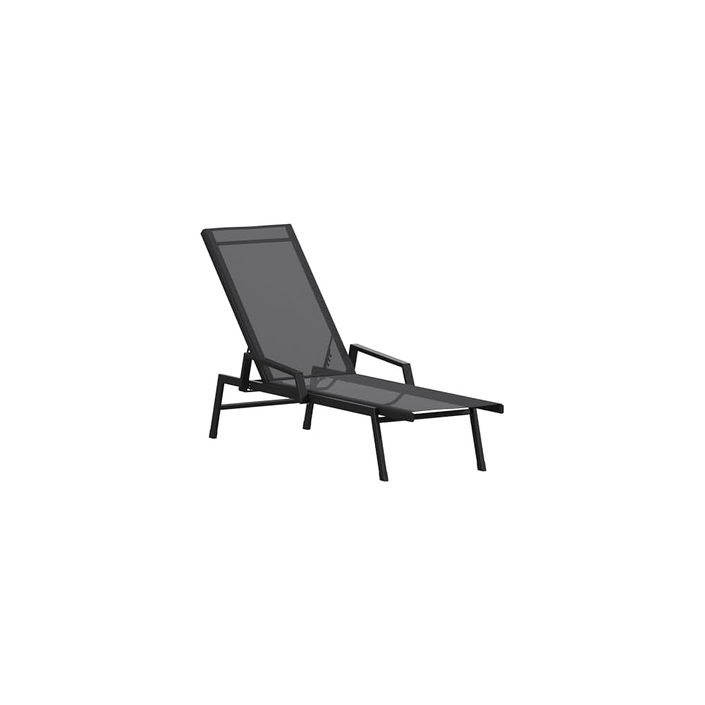 Flash Furniture Brazos Adjustable Chaise Lounge Chair with Arms, All-Weather Outdoor Five-Position Recliner, Black/Gray