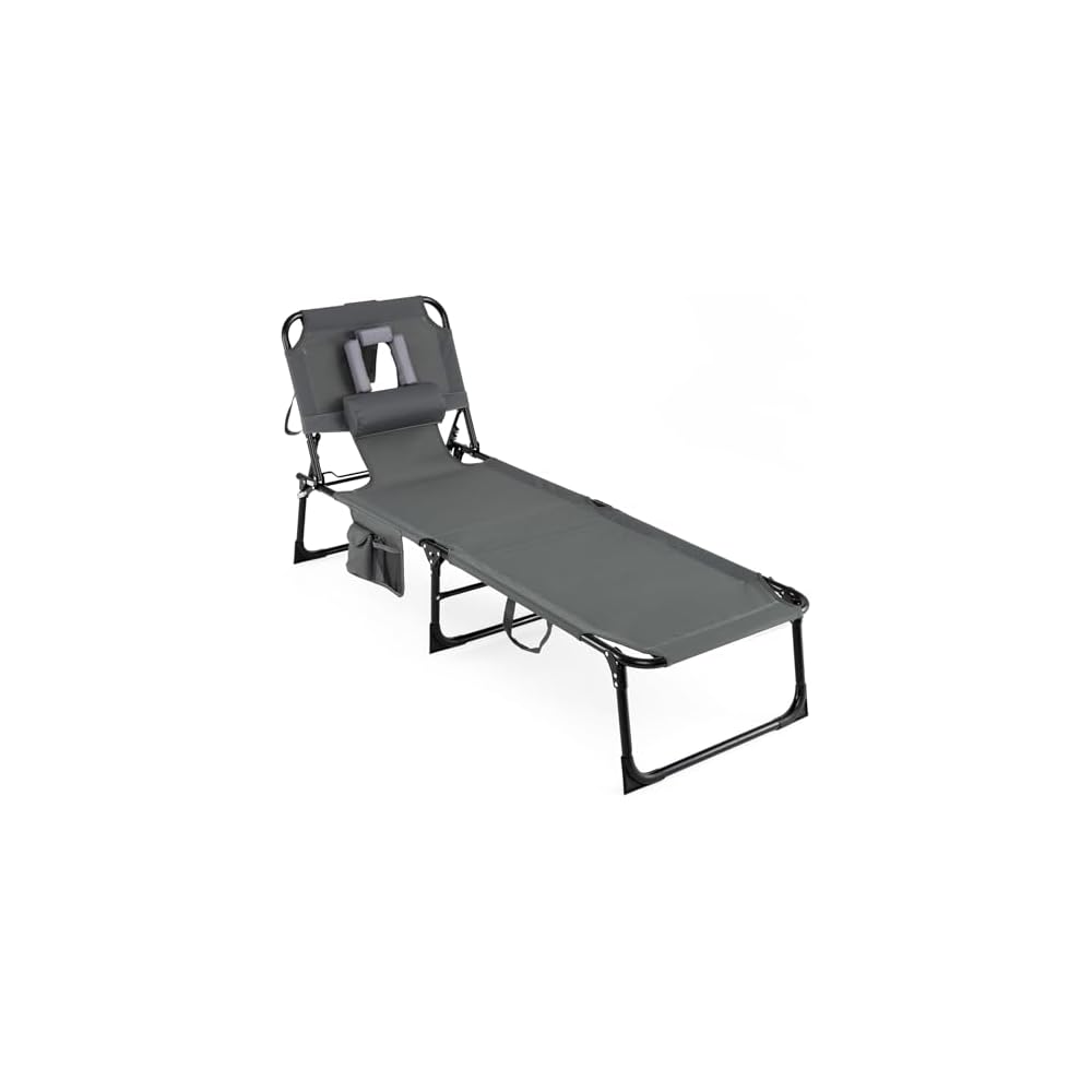 COSTWAY Tanning Chair with Face Hole, Folding Beach Lounge Chair with 4-Position Adjustable Backrest, Pillow & Side Pocket, Foldable Chaise Lounge Chair Outdoor for Sunbathing, Camping (1, Grey)