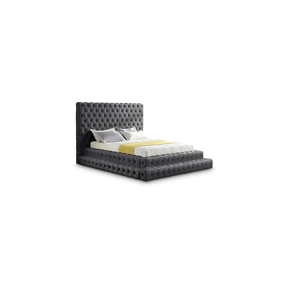 Meridian Furniture RevelGrey-Q Revel Collection Modern | Contemporary Grey Velvet Upholstered Bed with Deep Button Tufting, 85" W x 98" D x 60" H, Grey, Queen