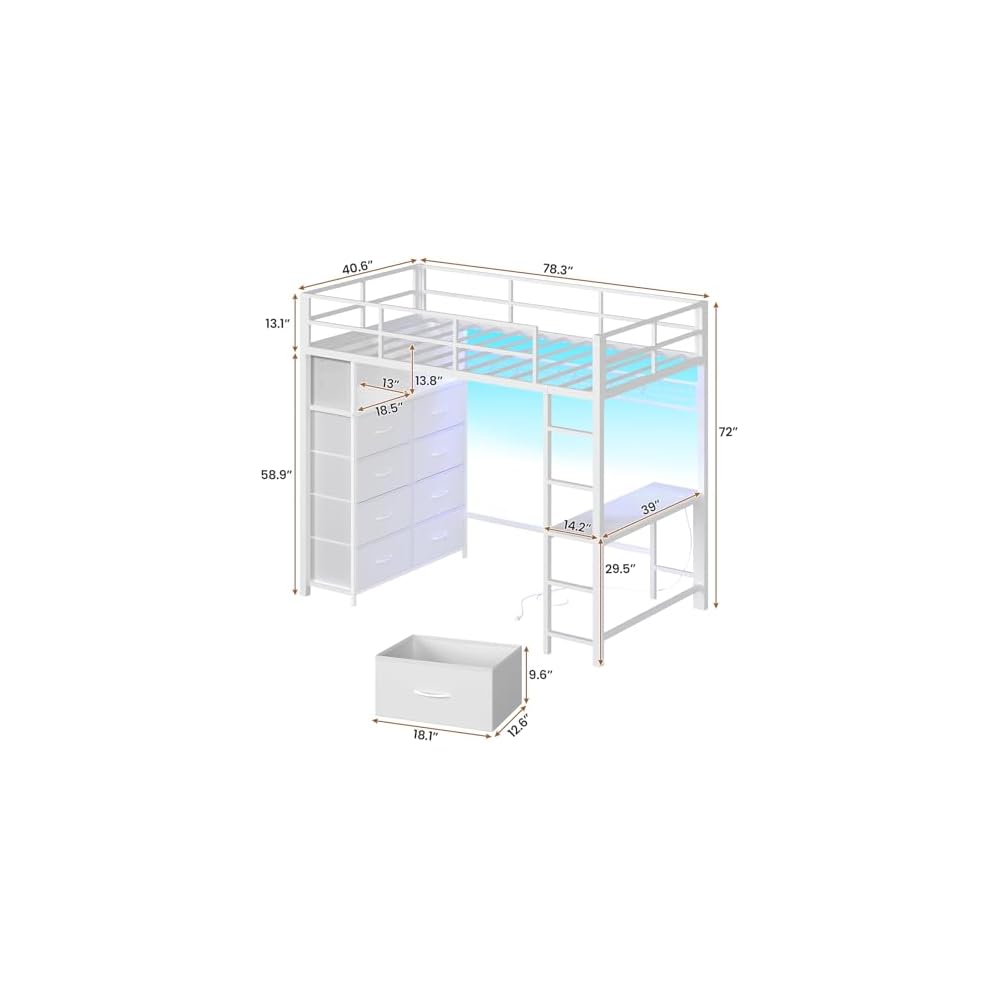 BTHFST Twin Size Loft Bed with Desk and 8 Storage Drawers, LED Lights