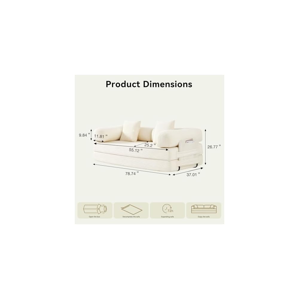 79" Sofa Bed Convertible Boneless Couch Corduroy Modular Couch Bed with Fixed-Shape Frame & Removable Armrests for Living Room, Bedroom (White)