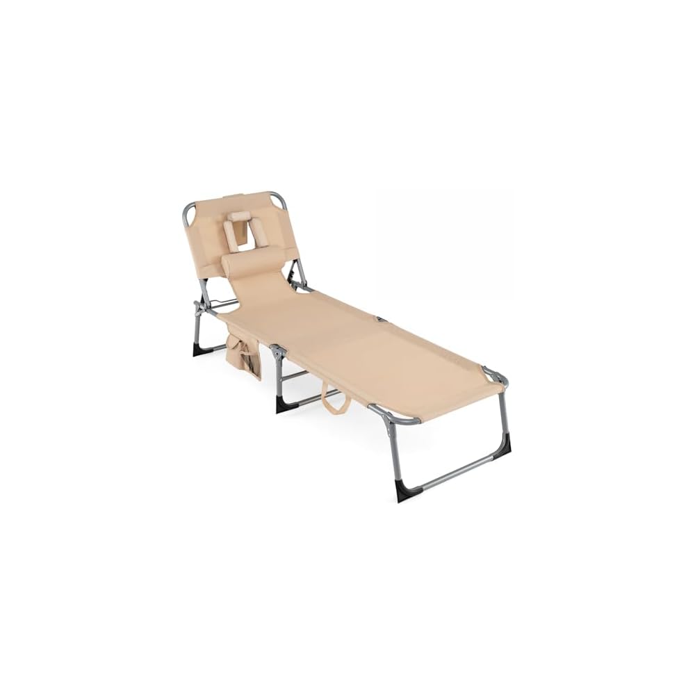 COSTWAY Tanning Chair with Face Hole, Folding Beach Lounge Chair with 4-Position Adjustable Backrest, Pillow & Side Pocket, Foldable Chaise Lounge Chair Outdoor for Sunbathing, Camping (1, Grey)