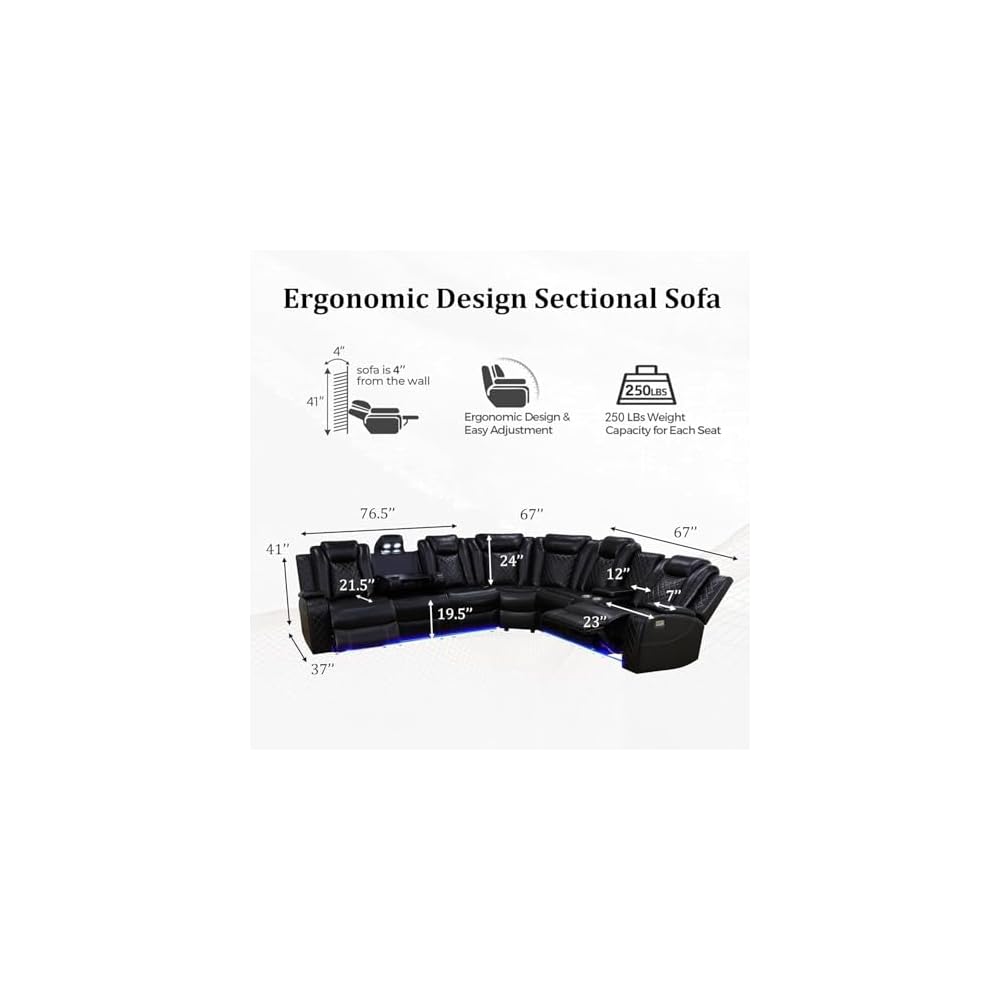 Power Recliner Sectional Sofa with LED Light, Breathing Leather Recliner Sofa Couch with Wireless Charger/Cup Holder for Living Room Home Office Theater (All Black)