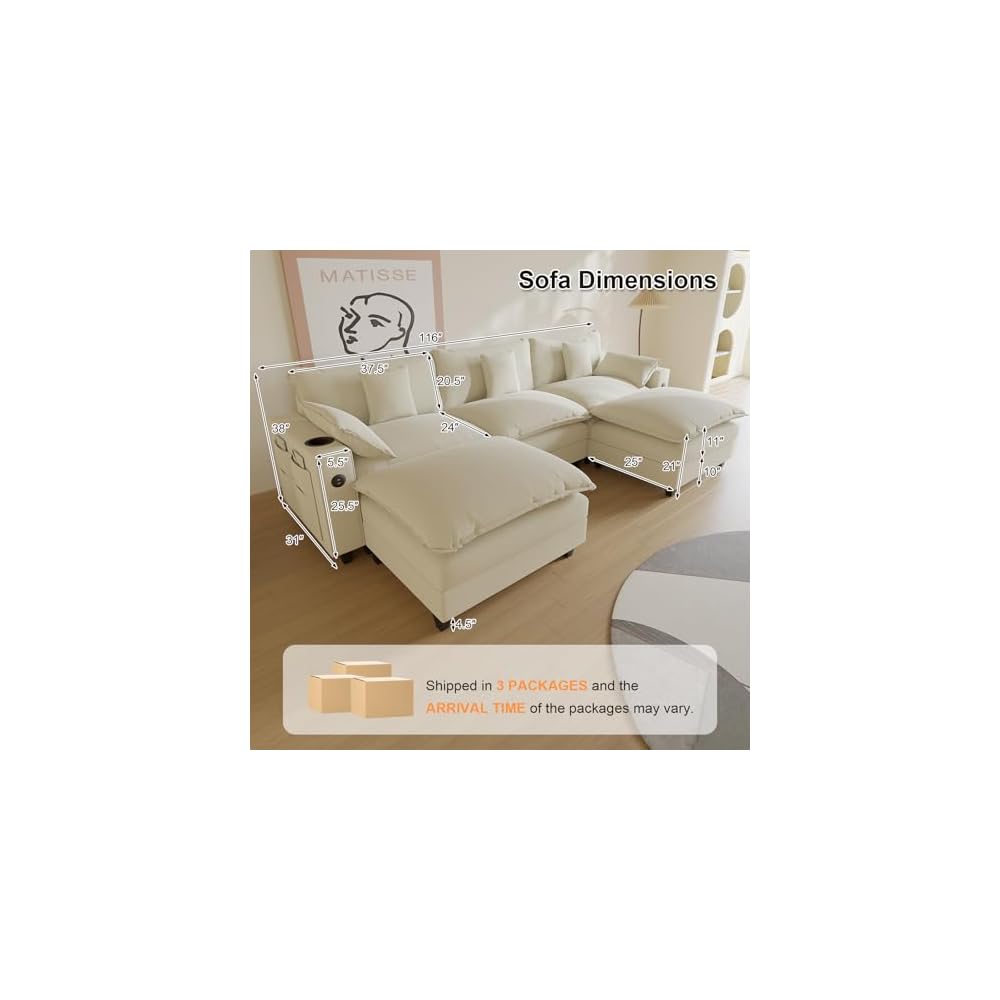 KCGKCG 116" Modular U Shaped Cloud Couch, Chenille Sectional Couches for Living Room with Ottoman, Deep Seat Sofa Cloud Sectional Couch with Charging Station, Cup Holder, Side Pocket, Beige