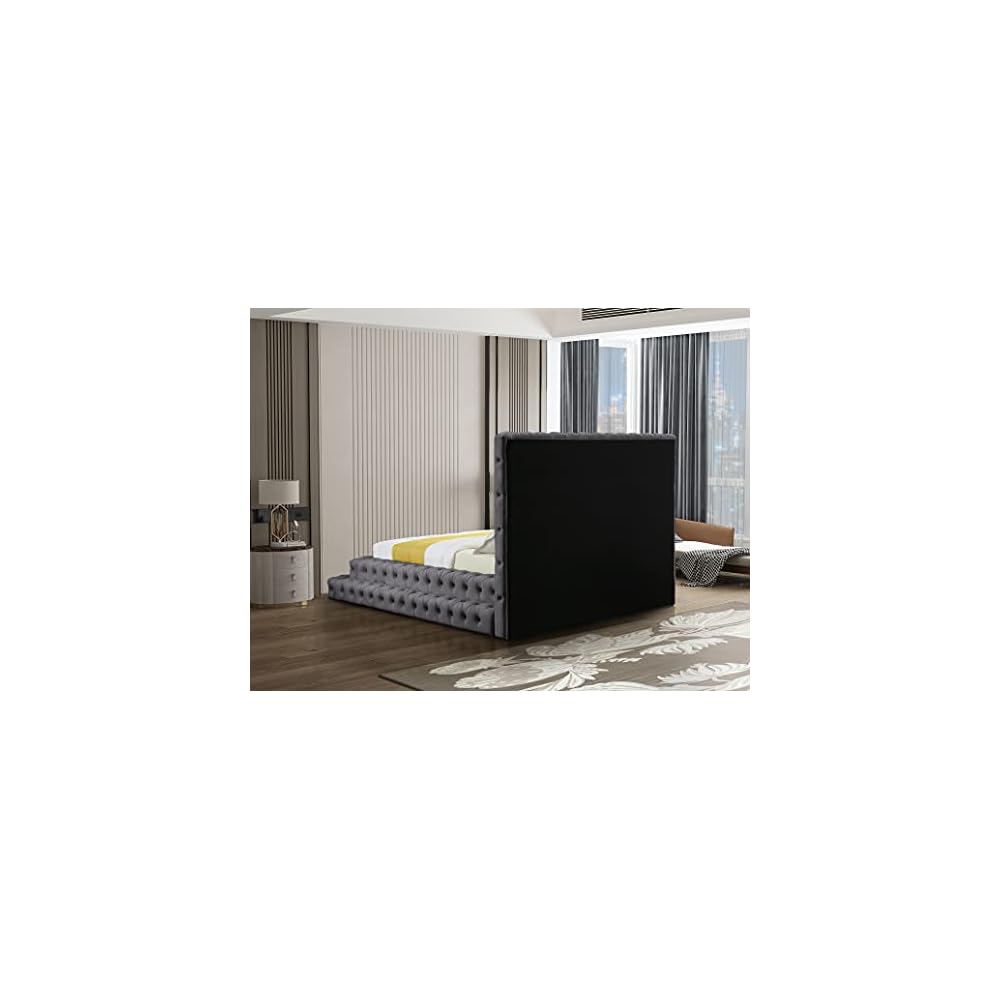 Meridian Furniture RevelGrey-Q Revel Collection Modern | Contemporary Grey Velvet Upholstered Bed with Deep Button Tufting, 85" W x 98" D x 60" H, Grey, Queen