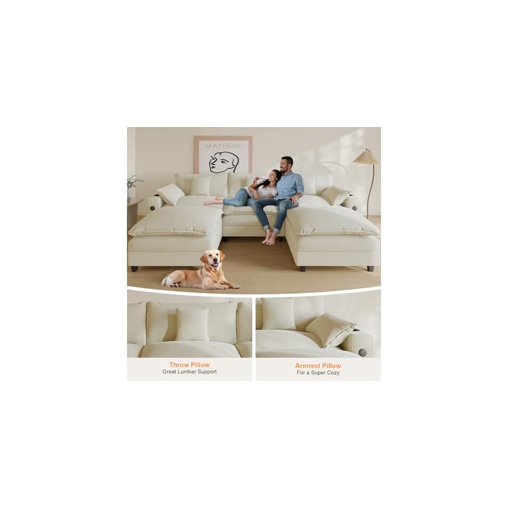 KCGKCG 116" Modular U Shaped Cloud Couch, Chenille Sectional Couches for Living Room with Ottoman, Deep Seat Sofa Cloud Sectional Couch with Charging Station, Cup Holder, Side Pocket, Beige