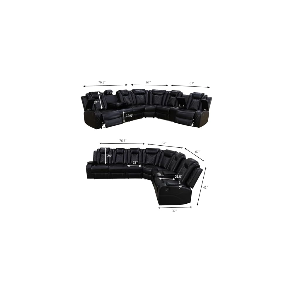 Power Recliner Sectional Sofa with LED Light, Breathing Leather Recliner Sofa Couch with Wireless Charger/Cup Holder for Living Room Home Office Theater (All Black)