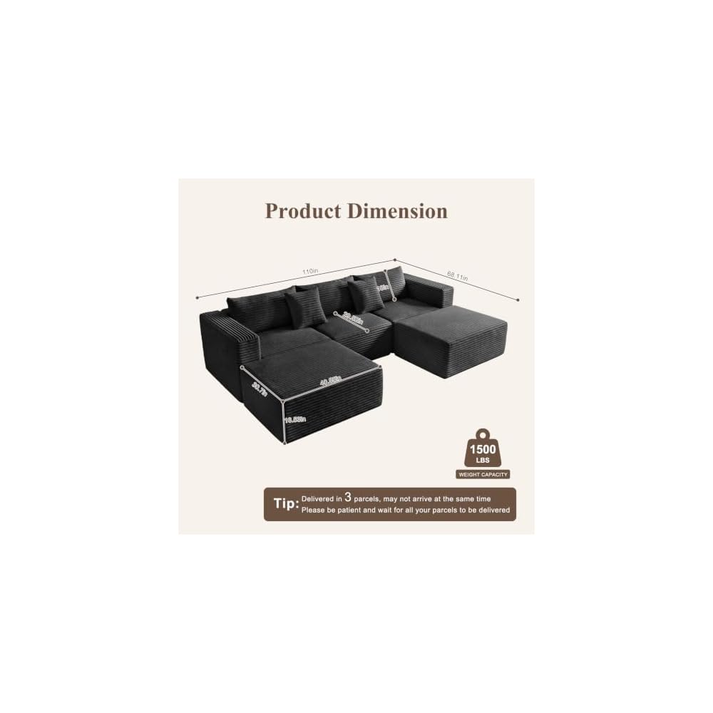 110" Boneless Couches for Living Room - U Shape Boneless Couch with Ottoman Deep Seat Sectional Sofa Comfy No Assembly Cloud Memory Foam Sofas Set (Black)