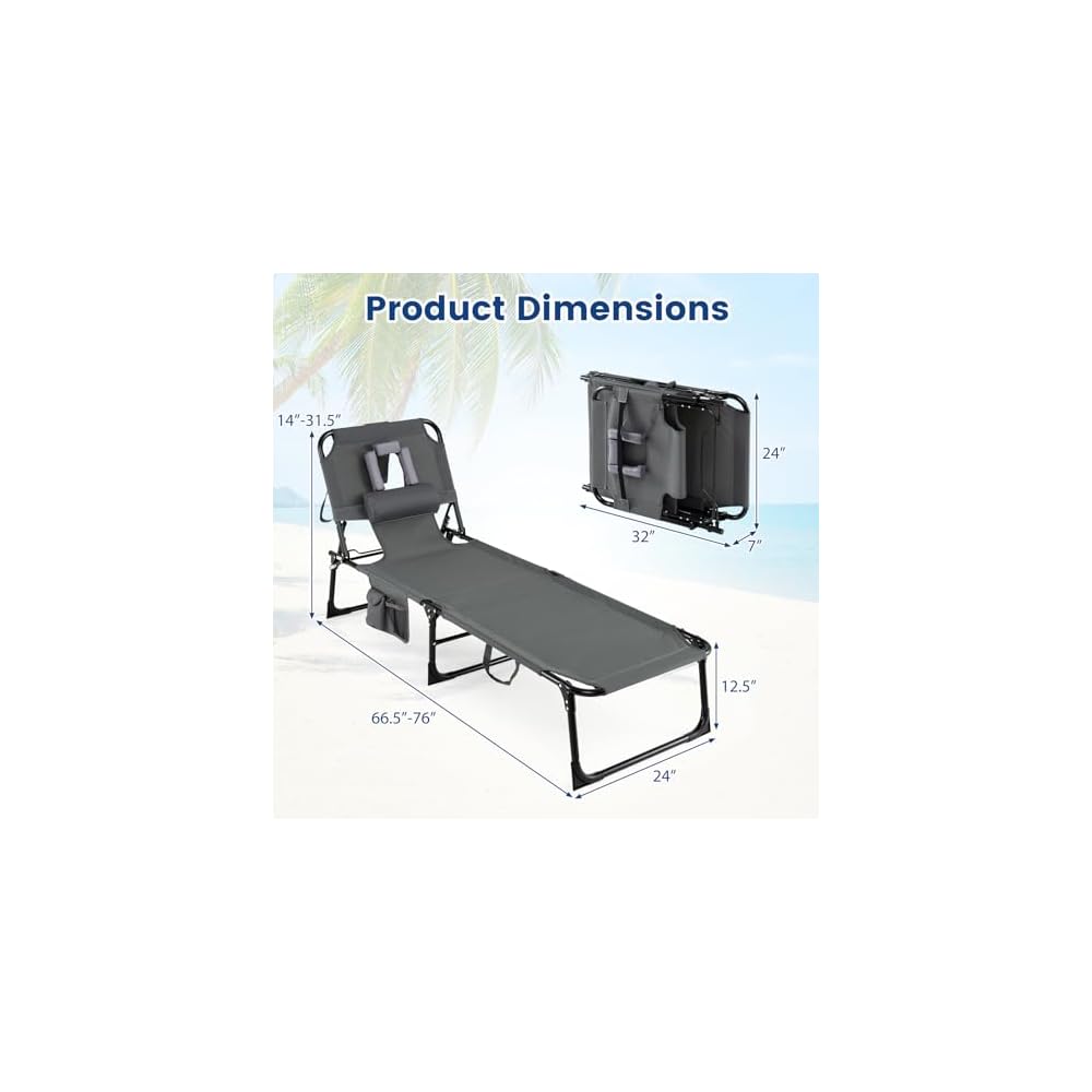 COSTWAY Tanning Chair with Face Hole, Folding Beach Lounge Chair with 4-Position Adjustable Backrest, Pillow & Side Pocket, Foldable Chaise Lounge Chair Outdoor for Sunbathing, Camping (1, Grey)