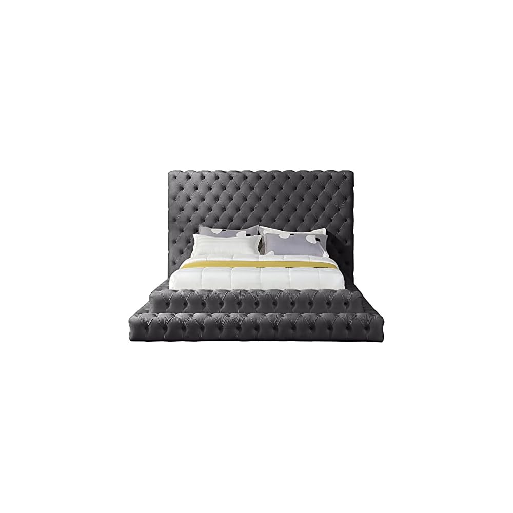 Meridian Furniture RevelGrey-Q Revel Collection Modern | Contemporary Grey Velvet Upholstered Bed with Deep Button Tufting, 85" W x 98" D x 60" H, Grey, Queen