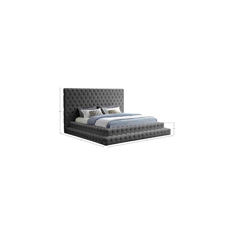 Meridian Furniture RevelGrey-Q Revel Collection Modern | Contemporary Grey Velvet Upholstered Bed with Deep Button Tufting, 85" W x 98" D x 60" H, Grey, Queen