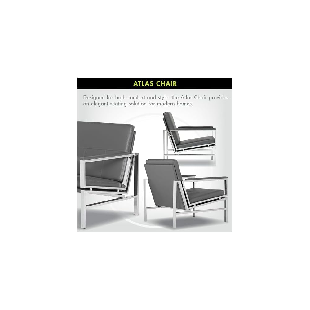Atlas Modern Accent Chair in Blended Leather, Chrome / Gray