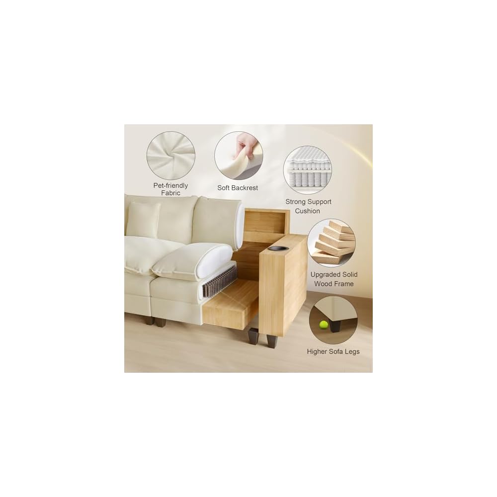KCGKCG 116" Modular U Shaped Cloud Couch, Chenille Sectional Couches for Living Room with Ottoman, Deep Seat Sofa Cloud Sectional Couch with Charging Station, Cup Holder, Side Pocket, Beige