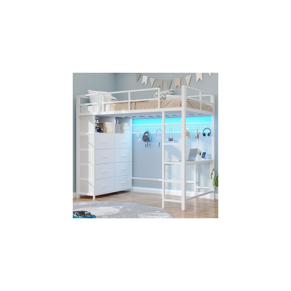 BTHFST Twin Size Loft Bed with Desk and 8 Storage Drawers, LED Lights