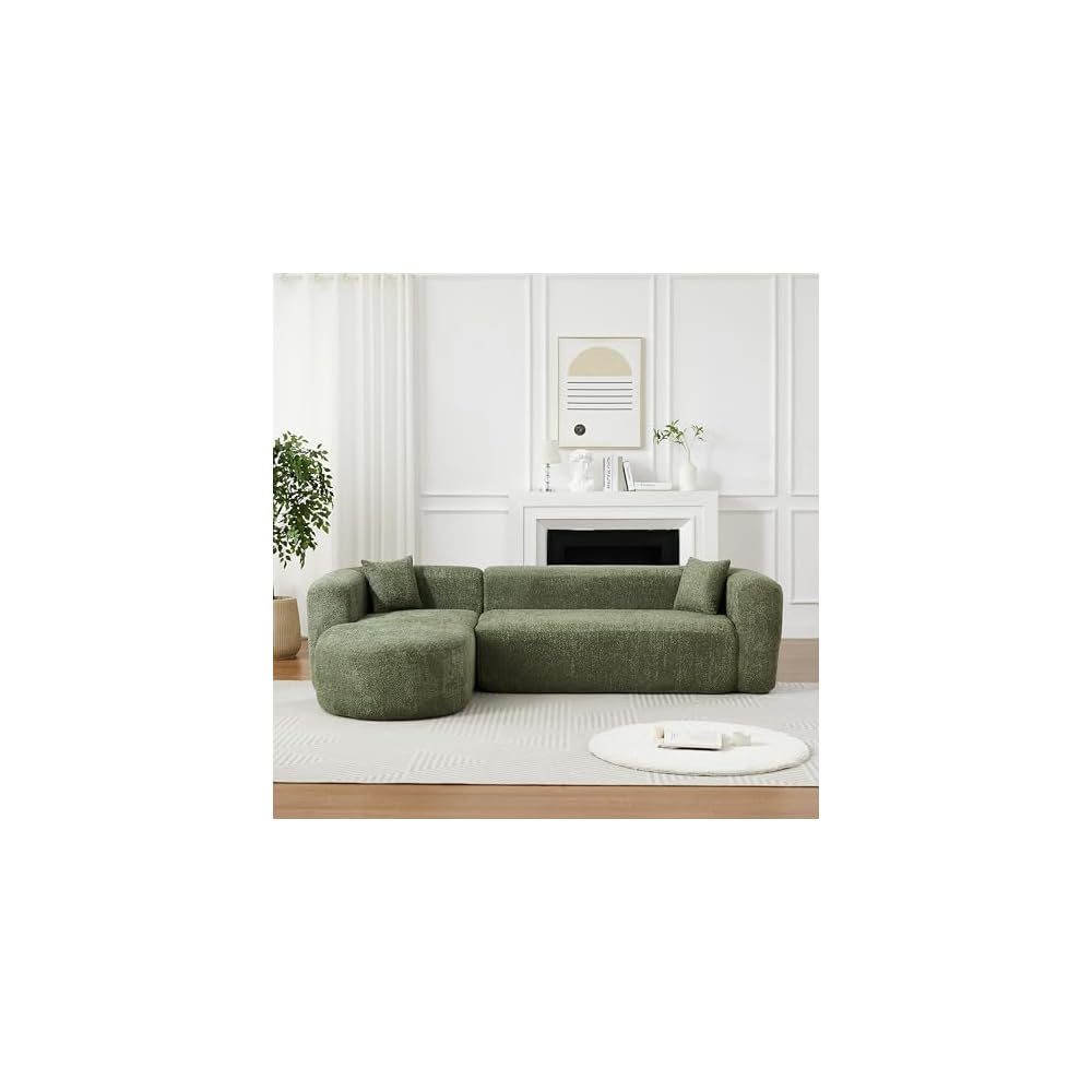 KEIKI 109.4" Curved Sectional Sofa, Chenille Cloud Couch with 2 Pillows, L-Shape Boneless Left Facing Sofa for Living Room, Guest, Bedroom, Green