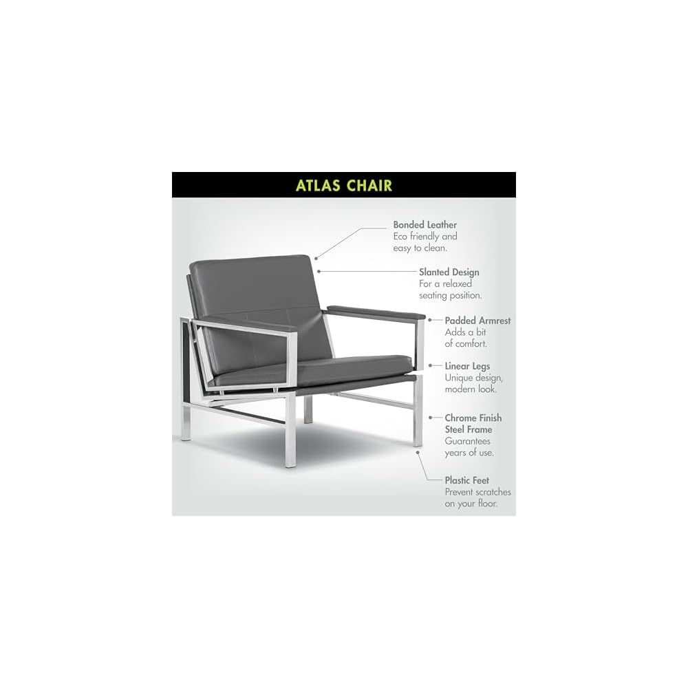 Atlas Modern Accent Chair in Blended Leather, Chrome / Gray