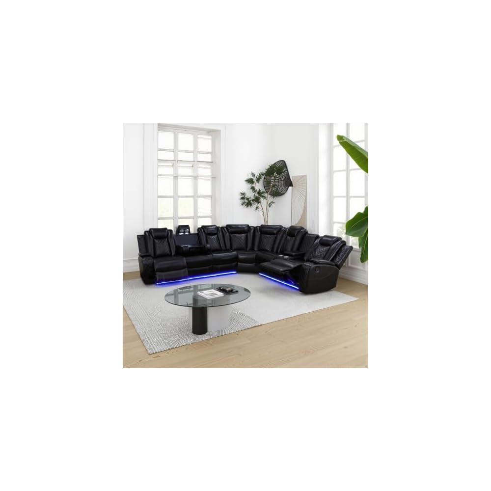 Power Recliner Sectional Sofa with LED Light, Breathing Leather Recliner Sofa Couch with Wireless Charger/Cup Holder for Living Room Home Office Theater (All Black)