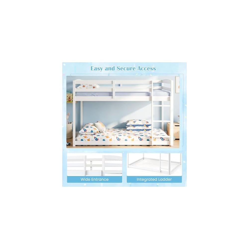 GIANTEX Full Over Full Bunk Bed, Solid Wood Kids Bunk Bed with Full-Length Guardrails, Integrated Ladder & Anti-Tippling Kits, Low Bunk Beds with Slats Support for Kids, Teens, White
