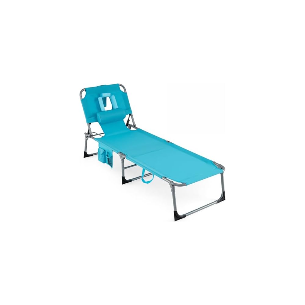 COSTWAY Tanning Chair with Face Hole, Folding Beach Lounge Chair with 4-Position Adjustable Backrest, Pillow & Side Pocket, Foldable Chaise Lounge Chair Outdoor for Sunbathing, Camping (1, Grey)