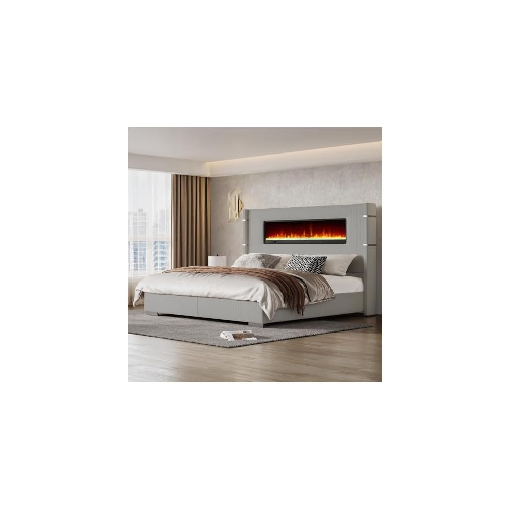 AMERLIFE Cal King Fireplace Bed Frame, Upholstered Headboard, Light Gray
