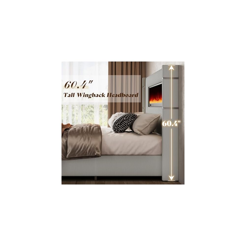 AMERLIFE Cal King Fireplace Bed Frame, Upholstered Headboard, Light Gray