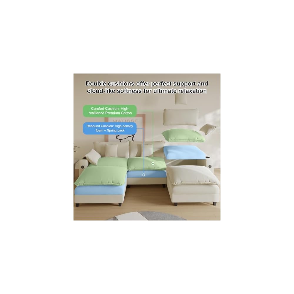 KCGKCG 116" Modular U Shaped Cloud Couch, Chenille Sectional Couches for Living Room with Ottoman, Deep Seat Sofa Cloud Sectional Couch with Charging Station, Cup Holder, Side Pocket, Beige