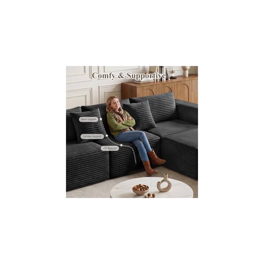 110" Boneless Couches for Living Room - U Shape Boneless Couch with Ottoman Deep Seat Sectional Sofa Comfy No Assembly Cloud Memory Foam Sofas Set (Black)