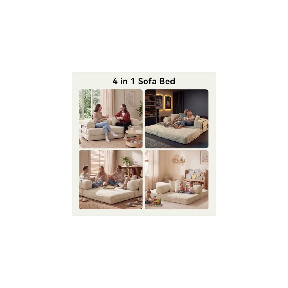 79" Sofa Bed Convertible Boneless Couch Corduroy Modular Couch Bed with Fixed-Shape Frame & Removable Armrests for Living Room, Bedroom (White)