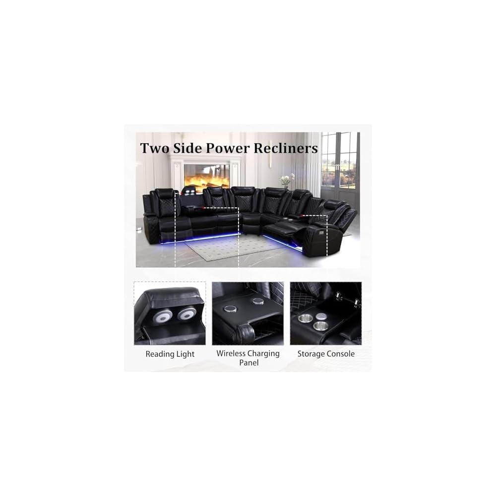 Power Recliner Sectional Sofa with LED Light, Breathing Leather Recliner Sofa Couch with Wireless Charger/Cup Holder for Living Room Home Office Theater (All Black)
