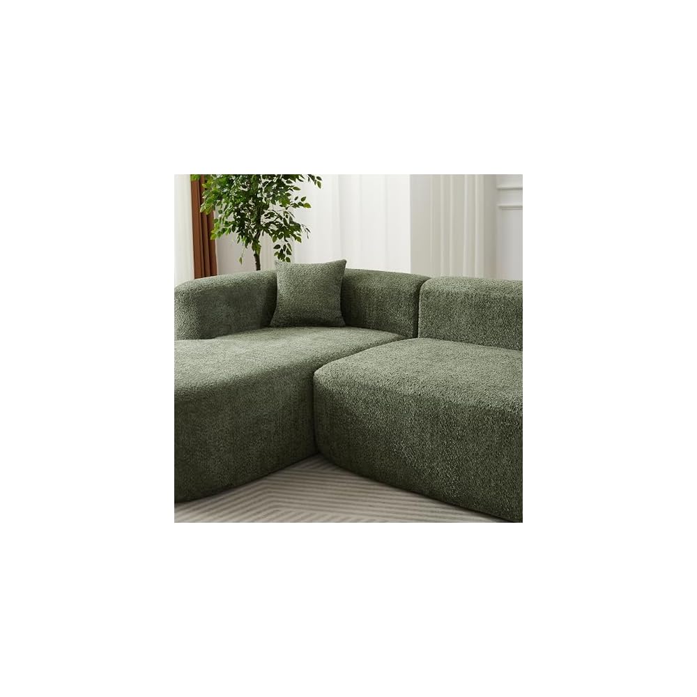 KEIKI 109.4" Curved Sectional Sofa, Chenille Cloud Couch with 2 Pillows, L-Shape Boneless Left Facing Sofa for Living Room, Guest, Bedroom, Green