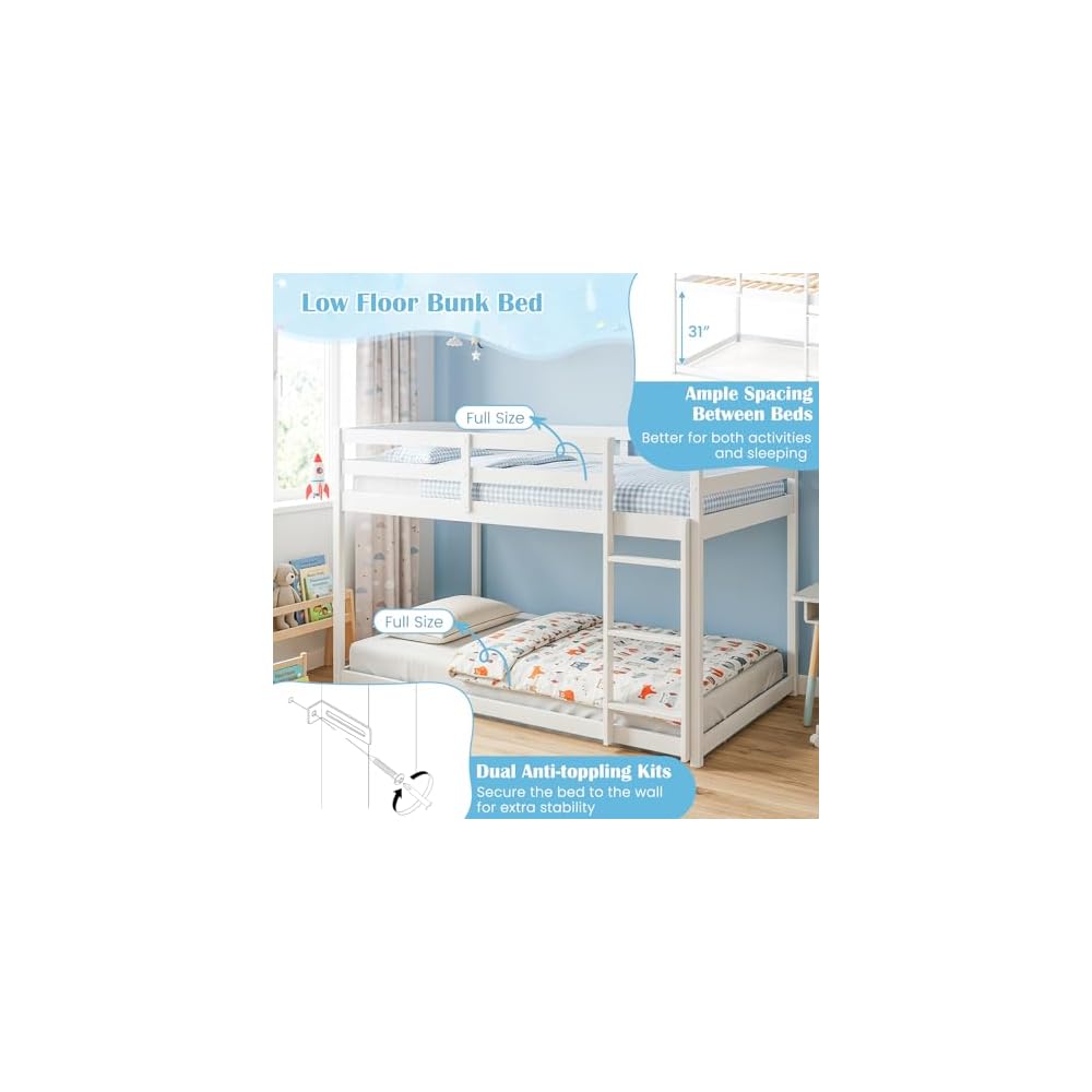 GIANTEX Full Over Full Bunk Bed, Solid Wood Kids Bunk Bed with Full-Length Guardrails, Integrated Ladder & Anti-Tippling Kits, Low Bunk Beds with Slats Support for Kids, Teens, White