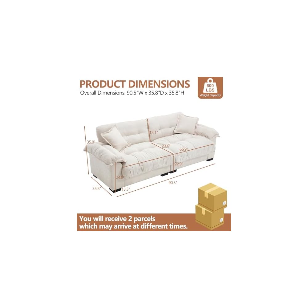 KIVENJAJA 90.5”W Oversized Cloud Loveseat Sofa, Modern Chenille Tufted Deep Seat Sectional Couch, Overstuffed Comfy Love seat with Pillows for Living Room Apartment Small Space, Beige