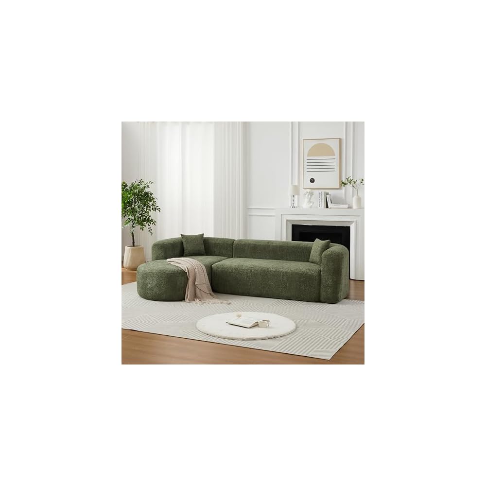 KEIKI 109.4" Curved Sectional Sofa, Chenille Cloud Couch with 2 Pillows, L-Shape Boneless Left Facing Sofa for Living Room, Guest, Bedroom, Green