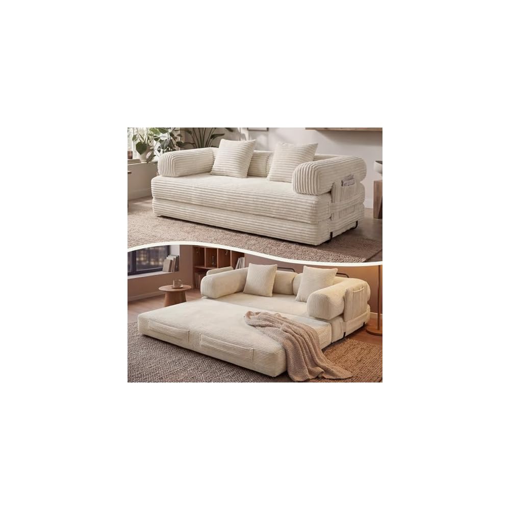 79" Sofa Bed Convertible Boneless Couch Corduroy Modular Couch Bed with Fixed-Shape Frame & Removable Armrests for Living Room, Bedroom (White)