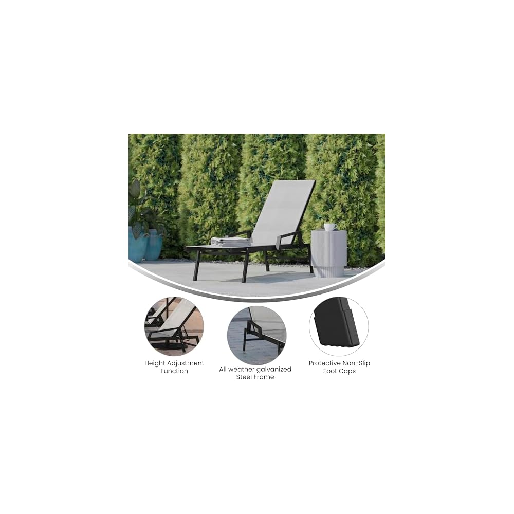 Flash Furniture Brazos Adjustable Chaise Lounge Chair with Arms, All-Weather Outdoor Five-Position Recliner, Black/Gray