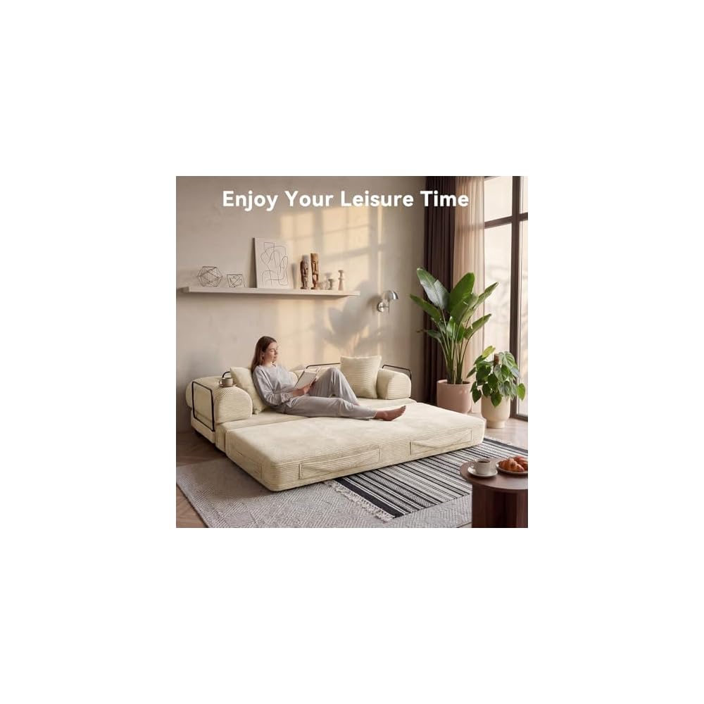79" Sofa Bed Convertible Boneless Couch Corduroy Modular Couch Bed with Fixed-Shape Frame & Removable Armrests for Living Room, Bedroom (White)