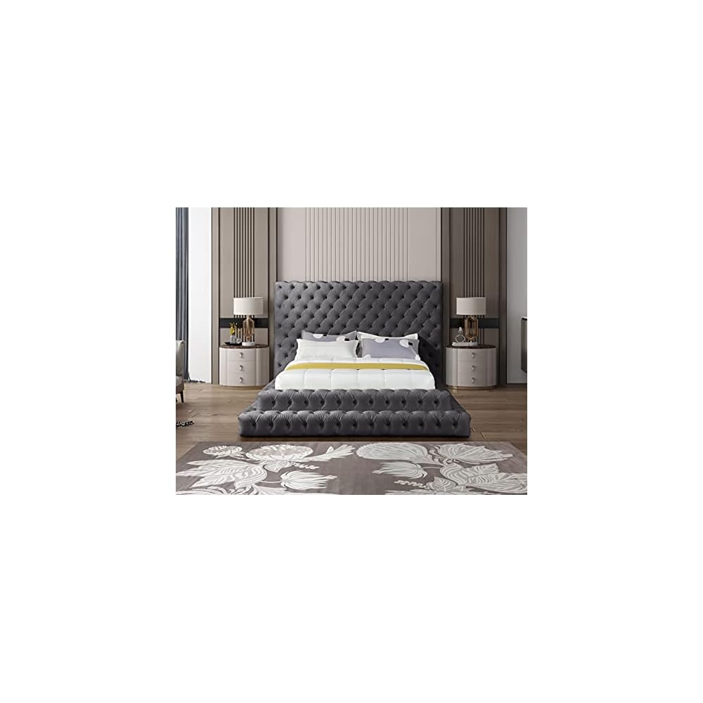 Meridian Furniture RevelGrey-Q Revel Collection Modern | Contemporary Grey Velvet Upholstered Bed with Deep Button Tufting, 85" W x 98" D x 60" H, Grey, Queen