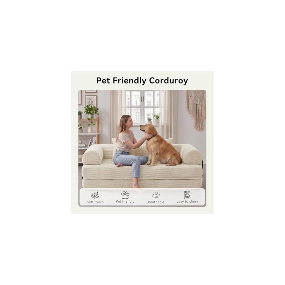 79" Sofa Bed Convertible Boneless Couch Corduroy Modular Couch Bed with Fixed-Shape Frame & Removable Armrests for Living Room, Bedroom (White)