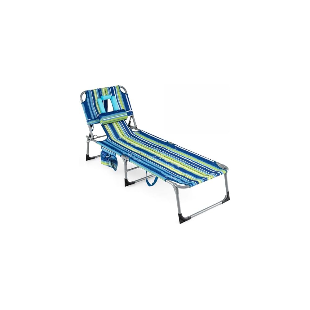 COSTWAY Tanning Chair with Face Hole, Folding Beach Lounge Chair with 4-Position Adjustable Backrest, Pillow & Side Pocket, Foldable Chaise Lounge Chair Outdoor for Sunbathing, Camping (1, Grey)