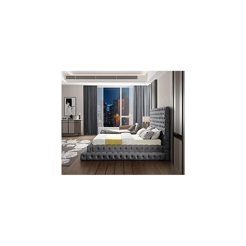 Meridian Furniture RevelGrey-Q Revel Collection Modern | Contemporary Grey Velvet Upholstered Bed with Deep Button Tufting, 85" W x 98" D x 60" H, Grey, Queen