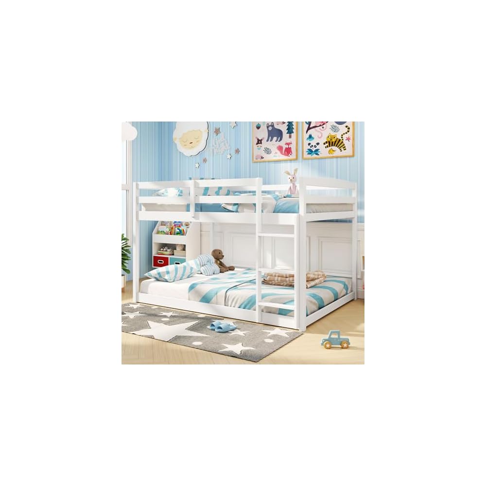 GIANTEX Full Over Full Bunk Bed, Solid Wood Kids Bunk Bed with Full-Length Guardrails, Integrated Ladder & Anti-Tippling Kits, Low Bunk Beds with Slats Support for Kids, Teens, White