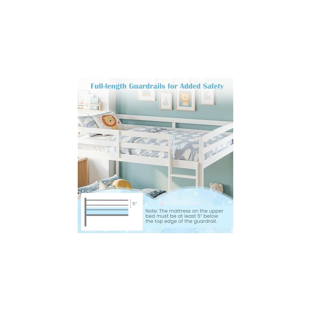 GIANTEX Full Over Full Bunk Bed, Solid Wood Kids Bunk Bed with Full-Length Guardrails, Integrated Ladder & Anti-Tippling Kits, Low Bunk Beds with Slats Support for Kids, Teens, White