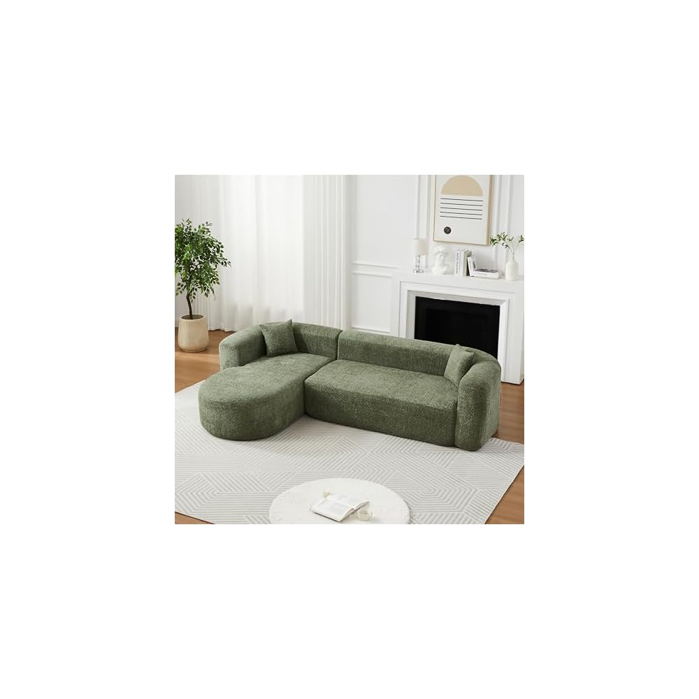 KEIKI 109.4" Curved Sectional Sofa, Chenille Cloud Couch with 2 Pillows, L-Shape Boneless Left Facing Sofa for Living Room, Guest, Bedroom, Green