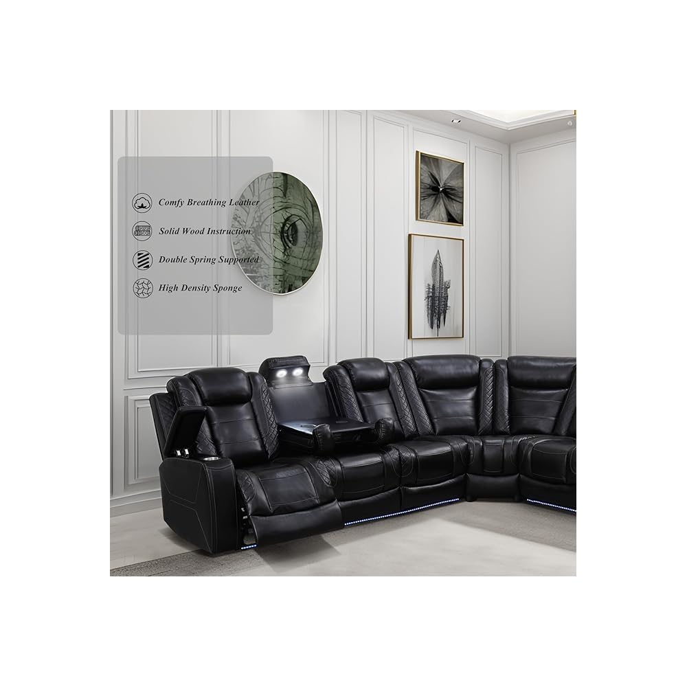 Power Recliner Sectional Sofa with LED Light, Breathing Leather Recliner Sofa Couch with Wireless Charger/Cup Holder for Living Room Home Office Theater (All Black)