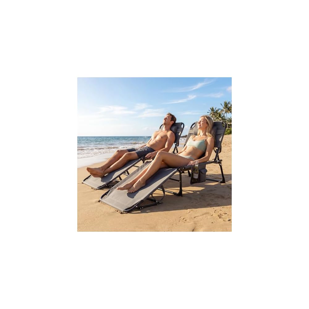 COSTWAY Tanning Chair with Face Hole, Folding Beach Lounge Chair with 4-Position Adjustable Backrest, Pillow & Side Pocket, Foldable Chaise Lounge Chair Outdoor for Sunbathing, Camping (1, Grey)